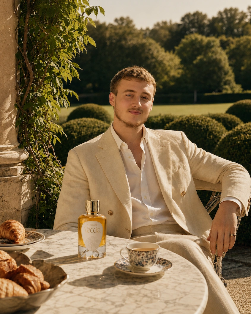 The Valipen founder in a linen suit at a garden table