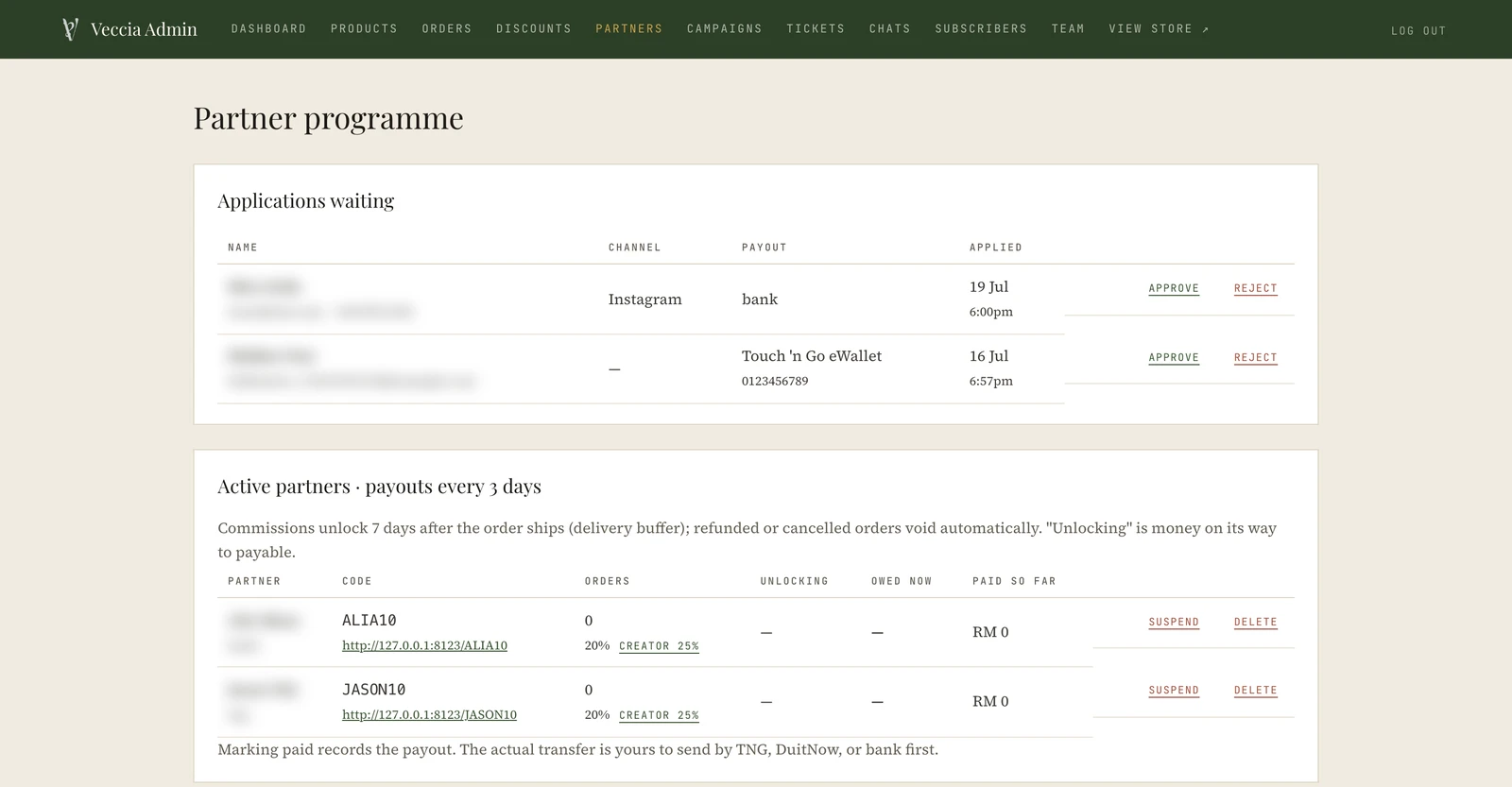 Referral partners screen with payouts