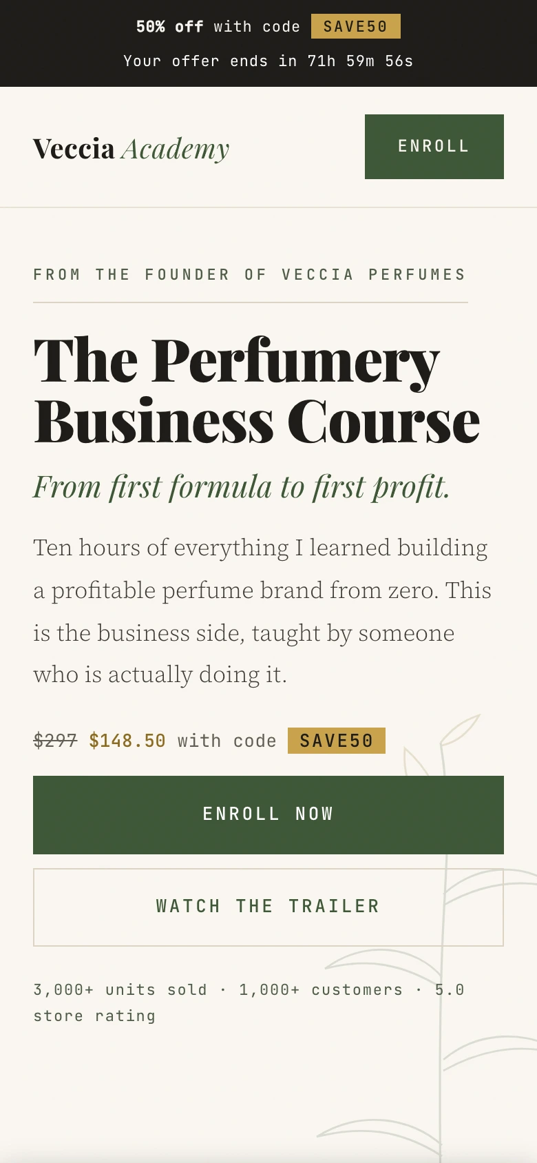 Veccia Academy course landing page on mobile