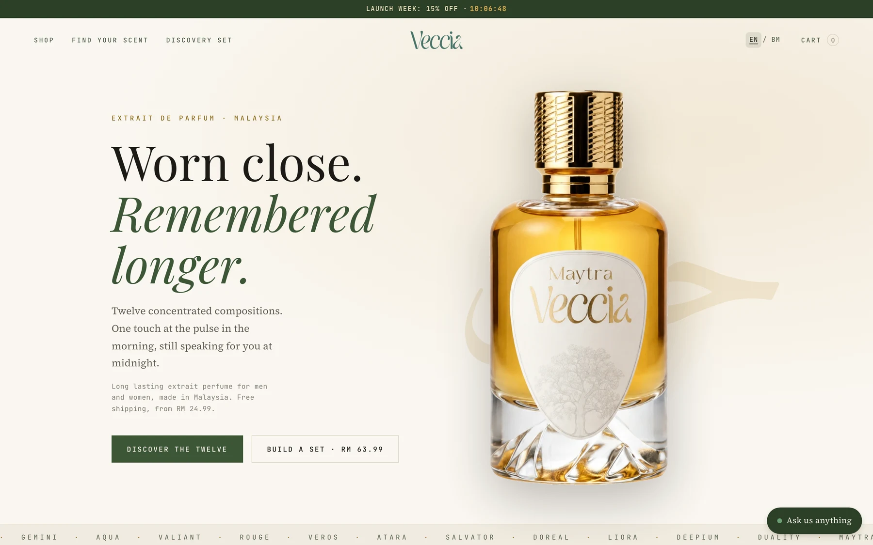 Veccia Perfumes storefront on desktop
