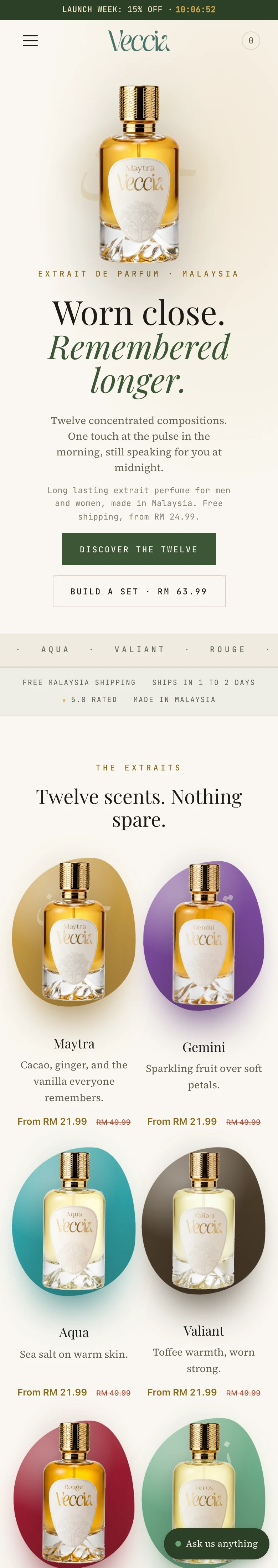 vecciaperfume.com scrolling, a store built by Valipen