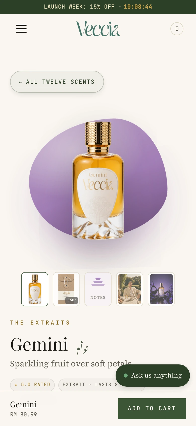 Veccia Perfumes product page on mobile
